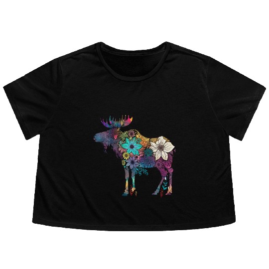 Floral Moose Elk Deer Wild Animal Watercolor Flowy Cropped Tees