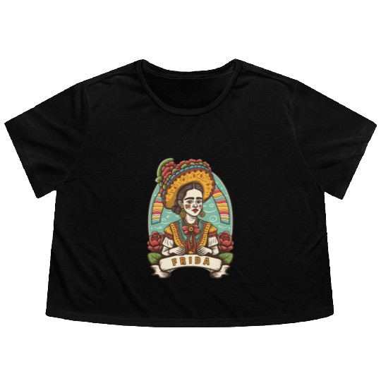 Frida Kahlo Floral Portrait Funny Cinco De Mayo Flowy Cropped Tees