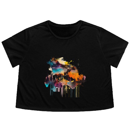 Mountain Wolf Multicolor Watercolor Portrait Flowy Cropped Tees
