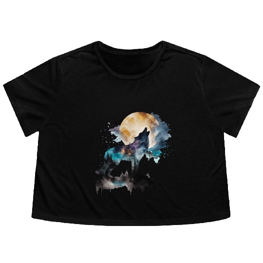 Mountain Wolf Multicolor Watercolor Portrait Flowy Cropped Tees