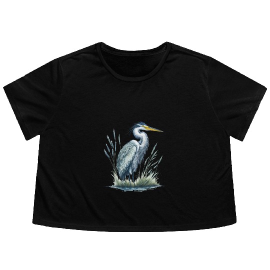 Watercolor Heron in Nature Flowy Cropped Tees