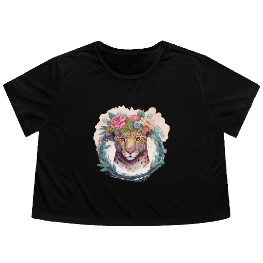 Jaguar Flower Crown Floral Watercolor Flowy Cropped Tees
