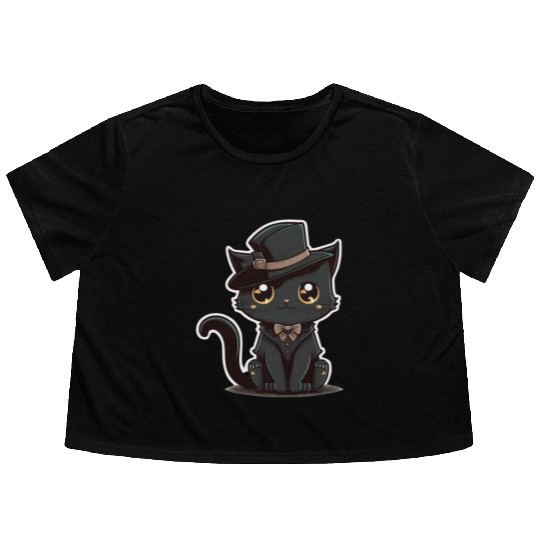 Black cat Flowy Cropped Tees