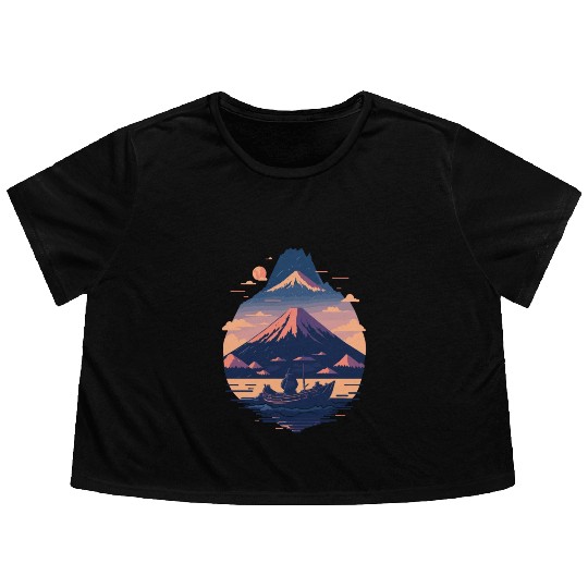 Serene Mount Fuji Sunset Peaceful River Scenery Flowy Cropped Tees