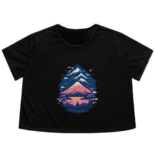 Serene Mount Fuji Sunset Peaceful River Scenery Flowy Cropped Tees
