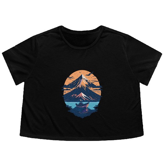 Serene Mount Fuji Sunset Peaceful River Scenery Flowy Cropped Tees