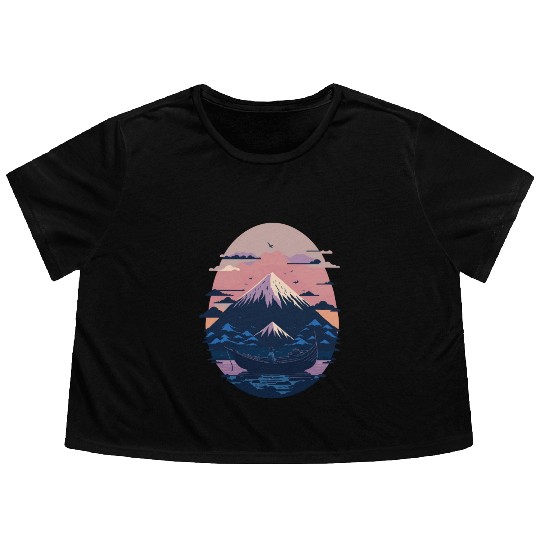 Serene Mount Fuji Sunset Peaceful River Scenery Flowy Cropped Tees