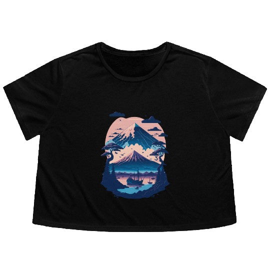 Serene Mount Fuji Sunset Peaceful River Scenery Flowy Cropped Tees