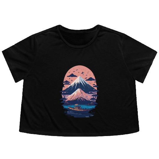 Serene Mount Fuji Sunset Peaceful River Scenery Flowy Cropped Tees