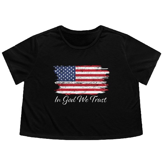 In God We Trust Us Flag Patriotic Flowy Cropped Tees