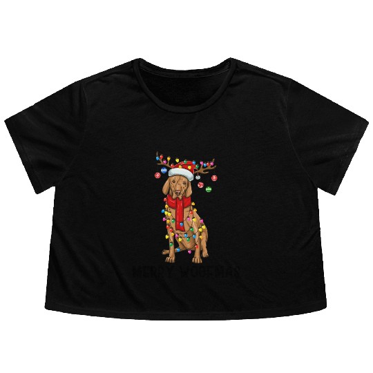 Vizsla Dog Lights Merry Woofmas Flowy Cropped Tees