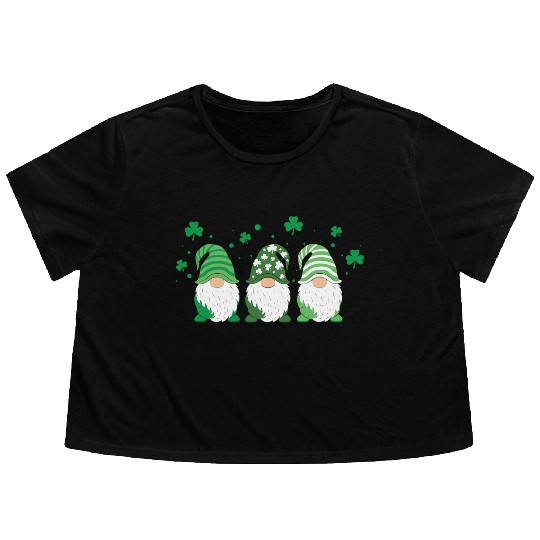 Gnomes Holding Shamrock Leopard Plaid St Patrick'S Flowy Cropped Tees
