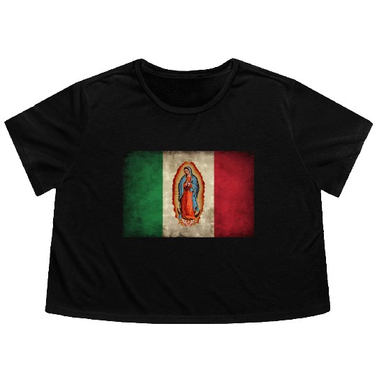 Our Lady Virgen De Guadalupe Mecan Flag Flowy Cropped Tees