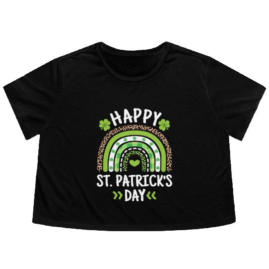 Happy St Patric Day Leopard Print Rainbow Flowy Cropped Tees