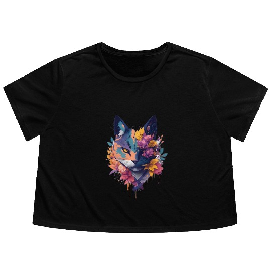 colorful face ninja cat flowers Flowy Cropped Tees