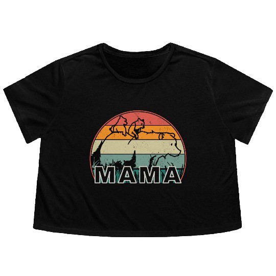 Mama Bear grizzly Retro With Cubs distressed print Flowy Cropped Tees