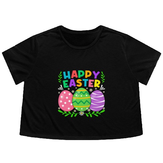 Happy Easter Day Bunny Eggs Easter Flowy Cropped Tees