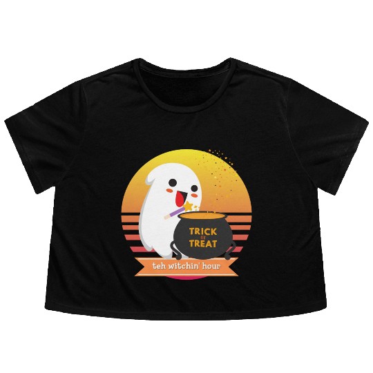 Halloween Cute Ghost Witching Hour Trick Or Treat Flowy Cropped Tees