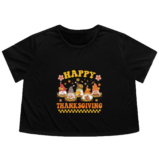 Groovy Cute Gnome Pumpkin Autumn Fall Happy Flowy Cropped Tees