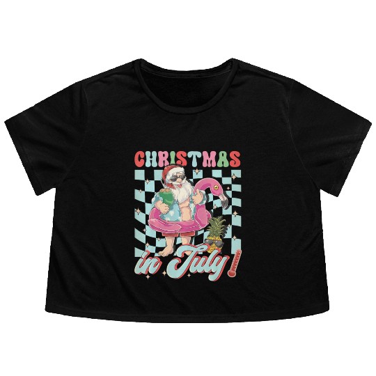 Christmas In July Groovy Santa Flamingo Float Flowy Cropped Tees