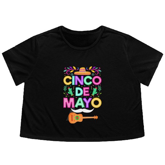 Cinco de Mayo Sombrero Mustache and Guitar Flowy Cropped Tees
