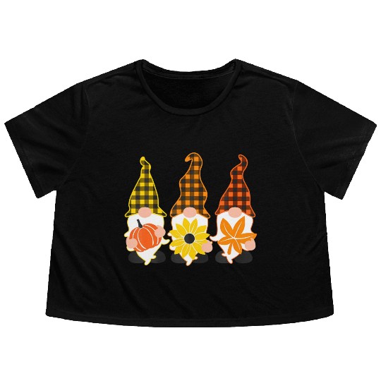 Hello Fall Autumn Plaid Gnomes Leave Pumpkin Flowy Cropped Tees