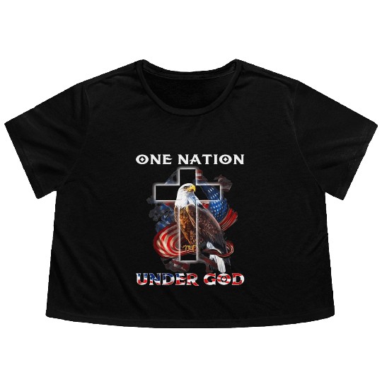 One Nation Under God Jesus Usa Cross Bald Eagle Flowy Cropped Tees