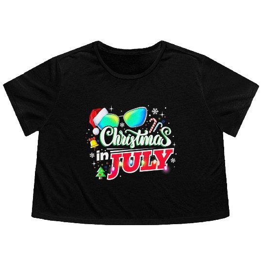 Christmas in July Santa Hat Sunglasses Summer Flowy Cropped Tees