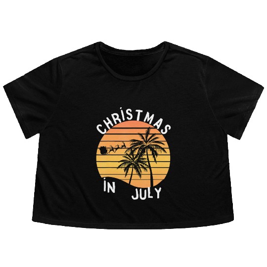 Christmas In July Santa Sledge Sunset Palm Summer Flowy Cropped Tees