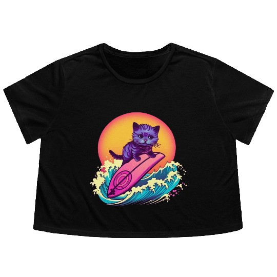 Cool Cat Surfing Flowy Cropped Tees