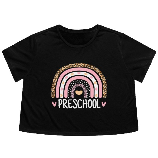 Leopard Rainbow Preschool Teacher Funny Back To Flowy Cropped Tees