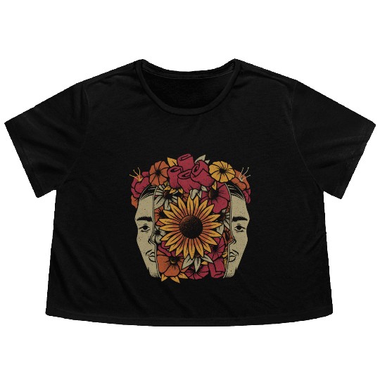 Frida Kahlo Head Flowers Flowy Cropped Tees