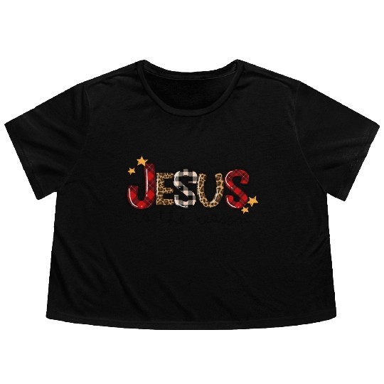 Jesus Is The Reason Buffalo Plaid Leopard Nativity Flowy Cropped Tees