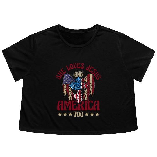 She loves jesus and America too Flowy Cropped Tees