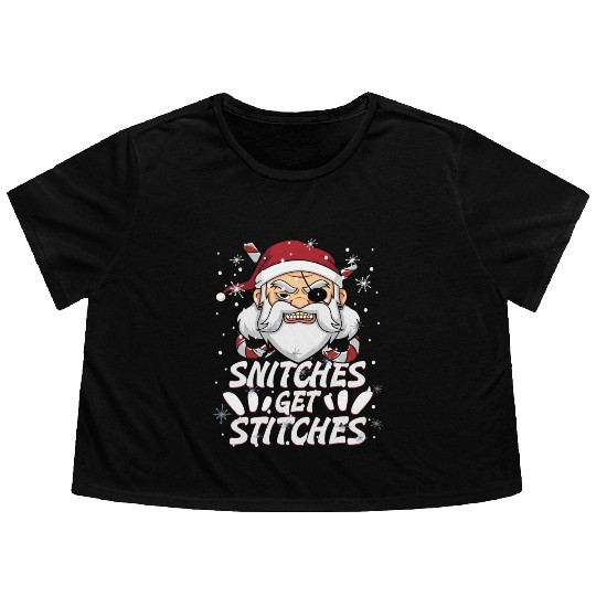 Snitches Get Stitches Santa Hat Funny Santa Pirate Flowy Cropped Tees