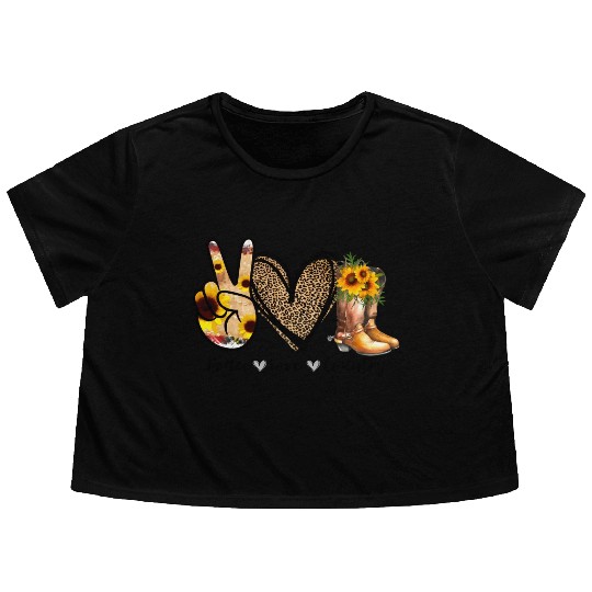Sunflower Peace Love Country Cowgirl Midwest Boot Flowy Cropped Tees