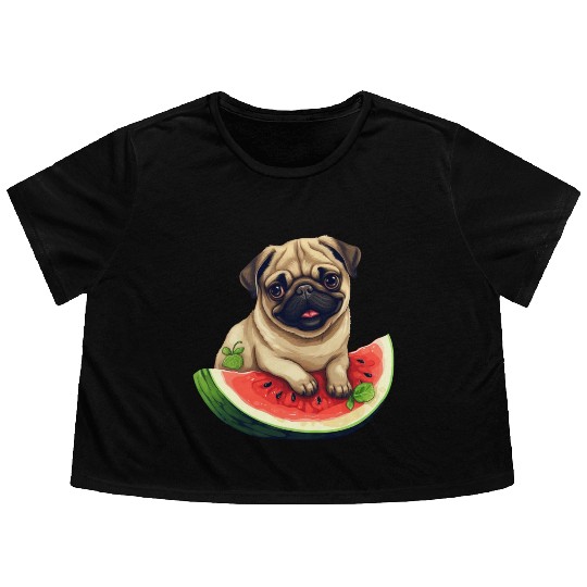 Pug with Melon, Funny Summer Design for Dog Lovers Flowy Cropped Tees