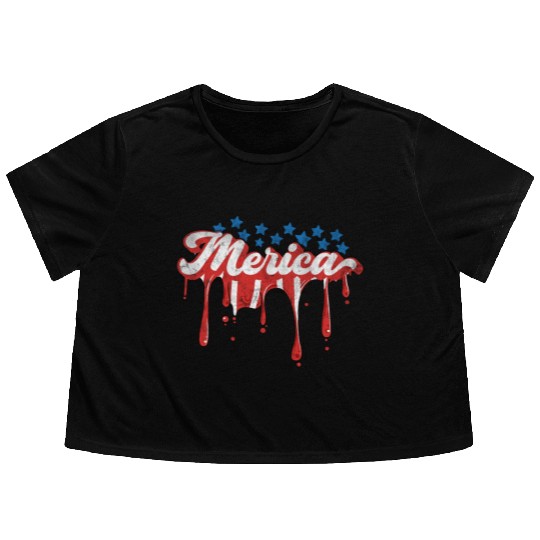 Merica Us Flag Dripping 4th Of July Flowy Cropped Tees