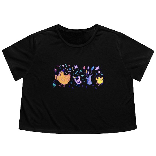 Colorful Bird Party Parade In Acrylic Flowy Cropped Tees