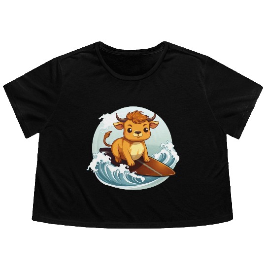 Surfing Cow on Surfboard, Adventurous Animal Flowy Cropped Tees