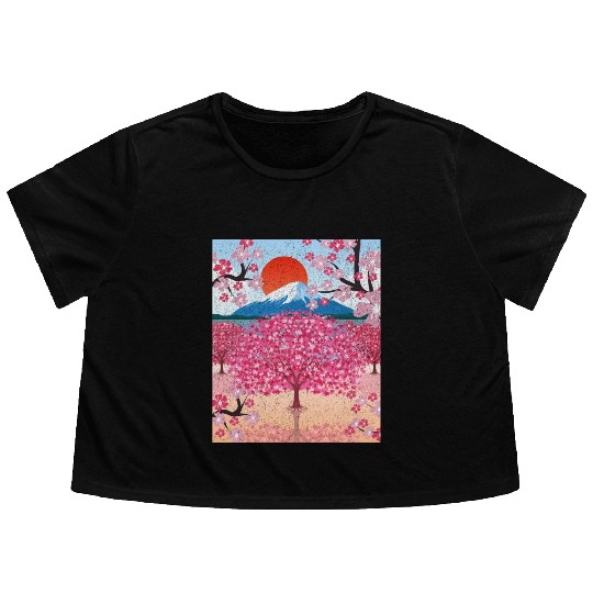 Sunset Sakura Mountains Gift Cherry Blossoms Flowy Cropped Tees
