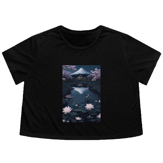 Asia Landscape by night Serene Mount Fuji Flowy Cropped Tees