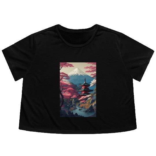 Asia Landscape Serene Mount Fuji Flowy Cropped Tees