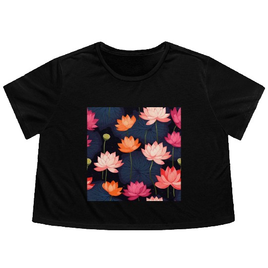 Serenity Blooms: Timeless Lotus Pattern Flowy Cropped Tees