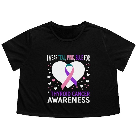 I Wear Teal Pink Blue For Support Thyroid Cancer Flowy Cropped Tees