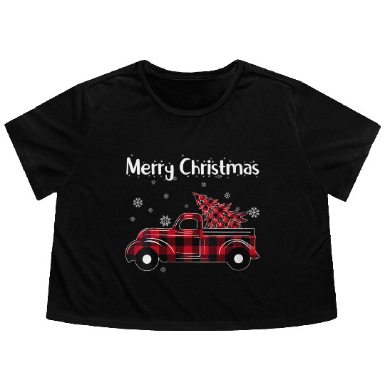 Merry Tree Wagon Buffalo Plaid Truck Flowy Cropped Tees