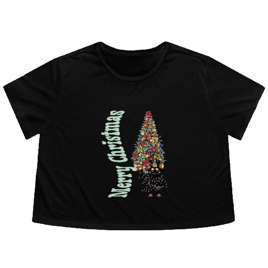 Cat Tangled In the Christmas Tree Lights Flowy Cropped Tees