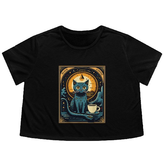 Black Coffee Cat Tarot Card Occult Flowy Cropped Tees