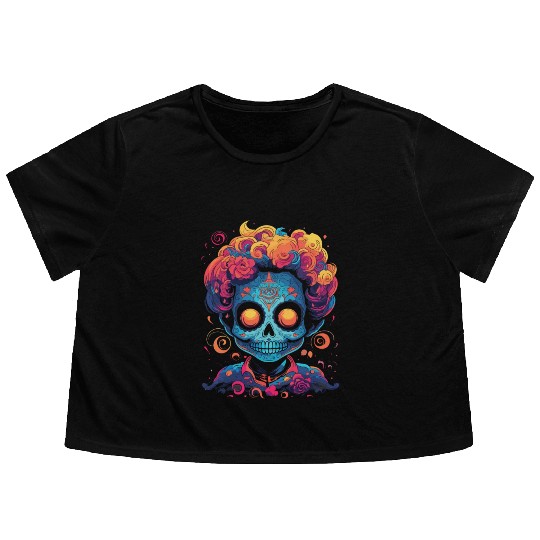 Dia De Los Muertos Sugar Skull Mexican Holiday Flowy Cropped Tees