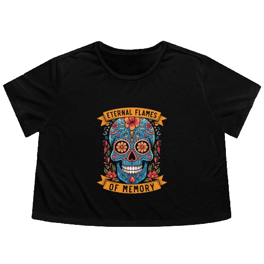 Dia De Los Muertos Sugar Skull Mexican Holiday Flowy Cropped Tees
